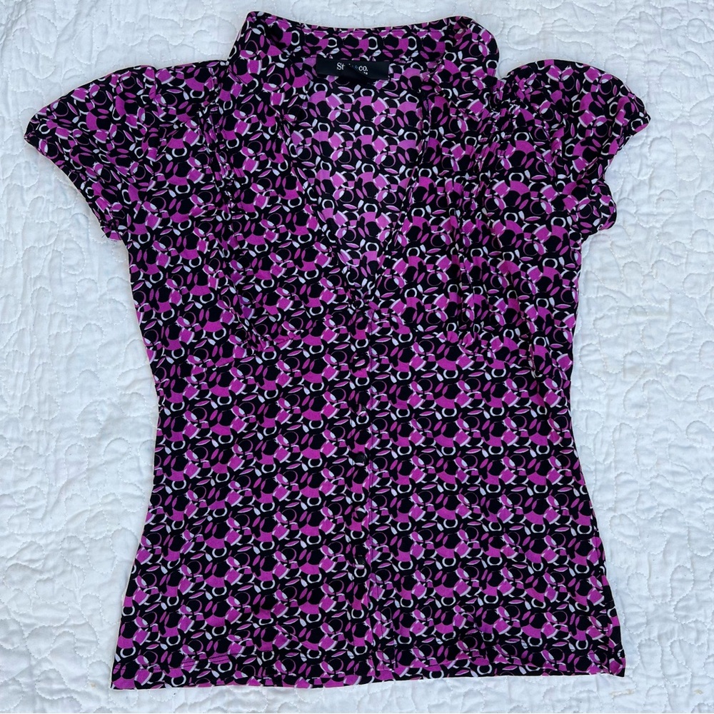 Style Co Petite S Blouse Button Up Top Short Sleeve V Neck Shirt Y2K Siren Fairy